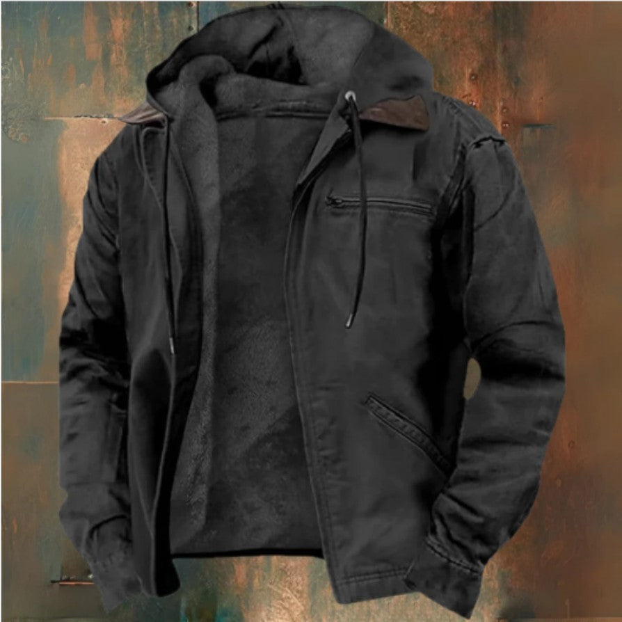 Winter Hooded Coat With Pockets Fashion Warm Fleece Zip-up Jacket Casual Outwear Men's Clothing